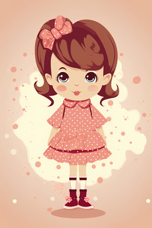 Cute little girl in a pink dress with a bow. Vector illustration.の素材
