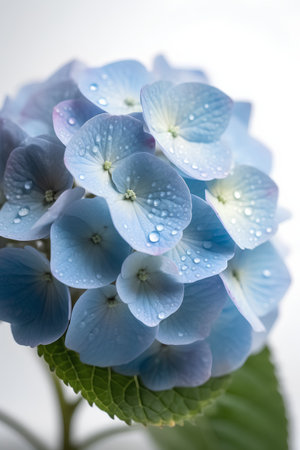 Blue Hydrangea macrophylla flower with water drops on white backgroundの素材