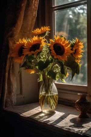 Bouquet of sunflowers in a vase on the windowsillの素材