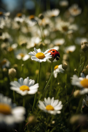 ladybug on camomile flowers in green meadow in summerの素材