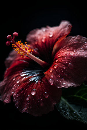 Beautiful red hibiscus flower with water drops on black backgroundの素材