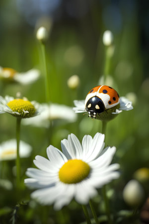 Ladybug on camomile flower. Beautiful nature scene with ladybug.の素材