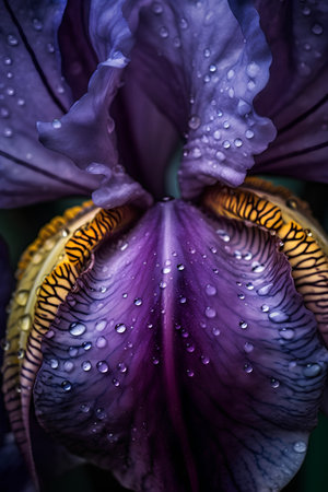 Beautiful iris flower with dew drops close-up macro photographyの素材