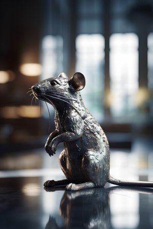 3d rendering of a vintage rat statue in a room with a windowの素材
