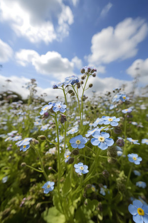 Forget-me-not flowers in a meadow with blue skyの素材