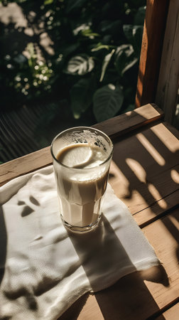 Coffee in a glass cup on a wooden table with sunlightの素材