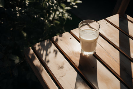 A glass of fresh milk on a wooden table in the garden.の素材