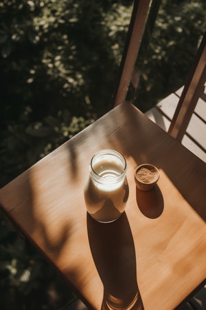 A glass of milk on a wooden table in a cafe on a sunny dayの素材