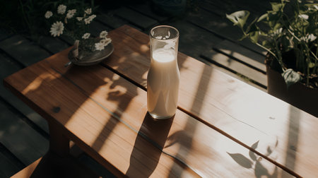 Milk in a glass on a wooden table in the garden.の素材