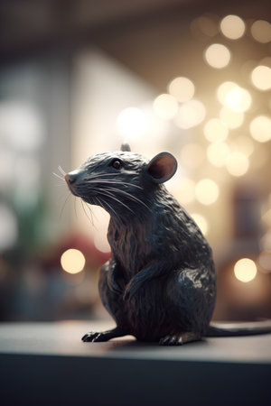 Cute black rat toy on blurred background with bokeh effectの素材