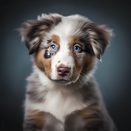 Portrait of Australian Shepherd puppy with blue eyes. Studio shot.の素材