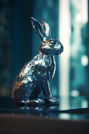 Statue of a hare on a black background. Toned.の素材