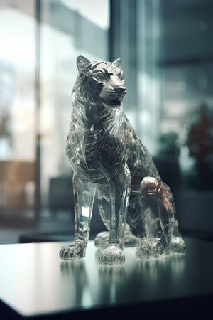 Double exposure of lion statue in modern office. Toned image.の素材