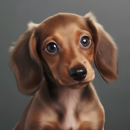 Portrait of a brown dachshund puppy on gray backgroundの素材