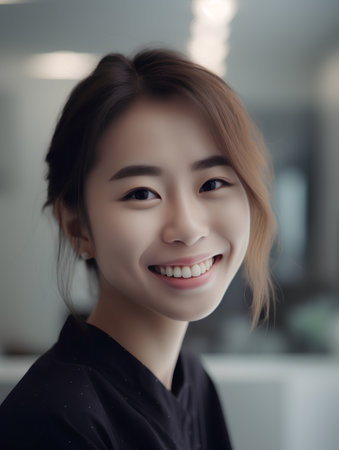 Beautiful asian businesswoman smiling and looking at camera in officeの素材