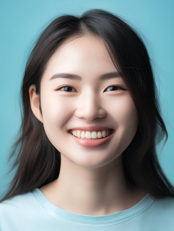 Beautiful young asian woman smiling and looking at camera isolated on blue backgroundの素材