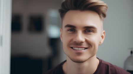 Portrait of handsome young man looking at camera and smiling while standing indoorsの素材