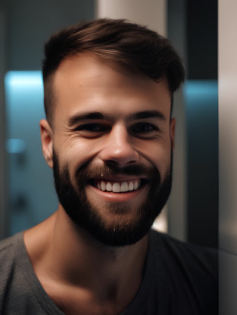 Portrait of a handsome young man smiling at the camera. Men's beauty, fashion.の素材