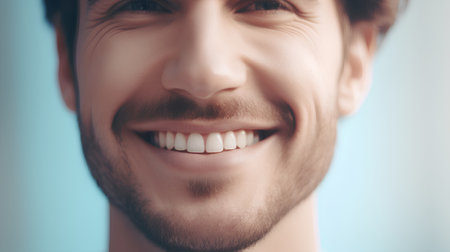 Close up portrait of a smiling young man with white teeth, studio shotの素材