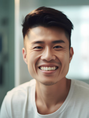 Portrait of happy young Asian man laughing and looking at camera.の素材