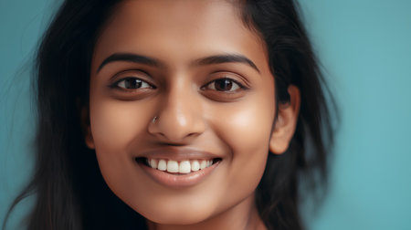 Close up portrait of a beautiful young asian woman smiling at cameraの素材