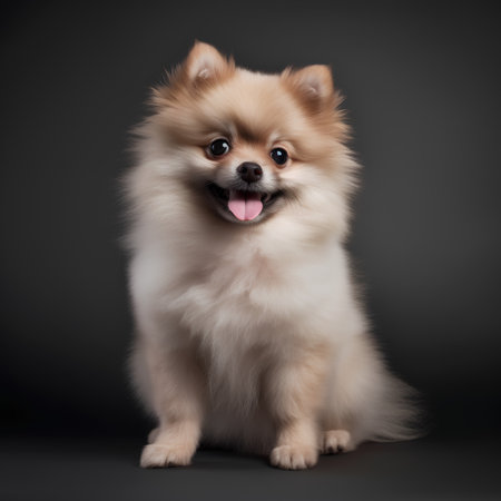 Pomeranian Spitz sitting on black background. Studio shot.の素材
