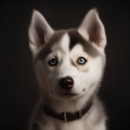 Portrait of siberian husky with blue eyes on dark backgroundの素材