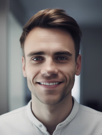 Closeup portrait of a handsome young man smiling and looking at the cameraの素材