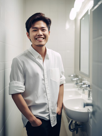 Young handsome asian man in white shirt standing in the bathroom.の素材