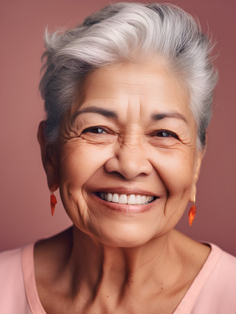 Portrait of a smiling senior asian woman, isolated on pink backgroundの素材