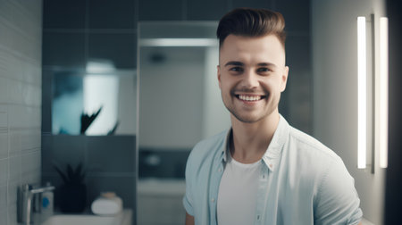 Handsome young man looking at camera and smiling while standing in bathroomの素材