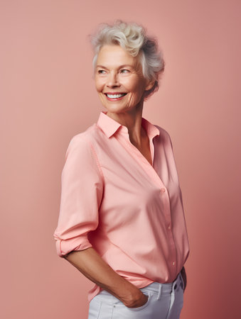 Portrait of smiling senior woman. Isolated on pink background.の素材