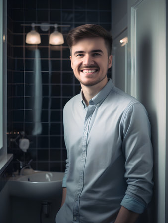Handsome young man is standing in the bathroom and smiling.の素材