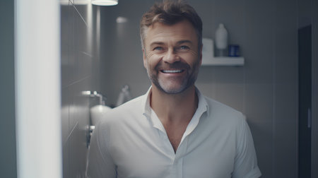 Portrait of handsome mature man looking at camera and smiling while standing in bathroomの素材