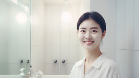 Beautiful asian woman in white shirt smiling and looking at camera in bathroomの素材