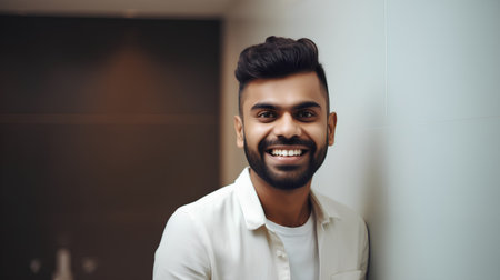 Portrait of a handsome young Indian man in a white shirt smiling.の素材