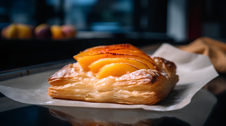 Delicious peach tart on a table in a cafe. Toned.の素材