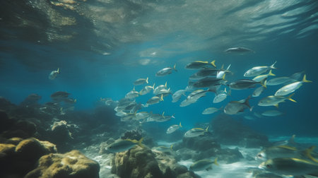 Underwater view of a school of yellowfin trevally fishの素材