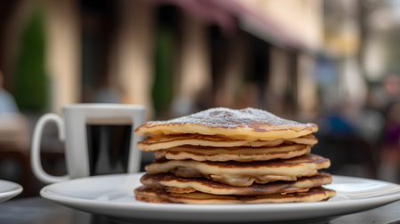 Stack of pancakes with sugar powder on a white plate in a cafeの素材