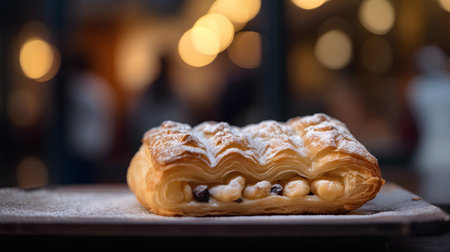 Traditional french puff pastry strudel with raisins and powdered sugar. Selective focus.の素材