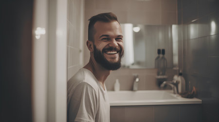 Handsome young man in bathroom looking at the camera and smilingの素材
