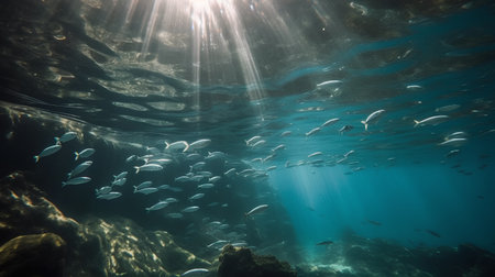Underwater view of the coral reef with fishes and rays of lightの素材