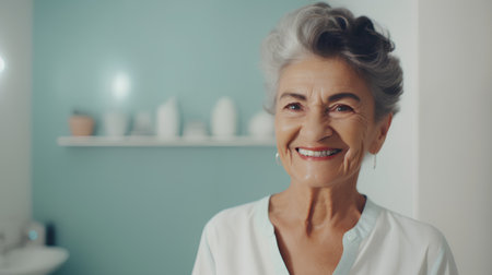 Portrait of smiling senior woman looking at camera in bathroom at homeの素材
