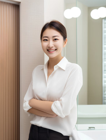 portrait of smiling young asian business woman standing in modern officeの素材