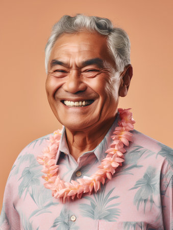 Portrait of smiling senior asian man with flower garland.の素材