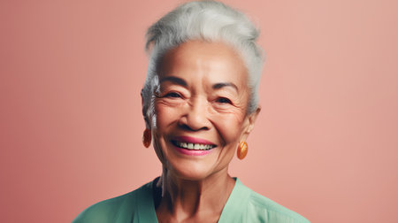 Portrait of a smiling senior woman. Isolated on pink background.の素材
