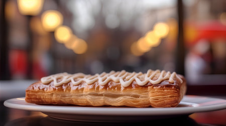 Delicious eclair with white icing on a plate in a cafeの素材
