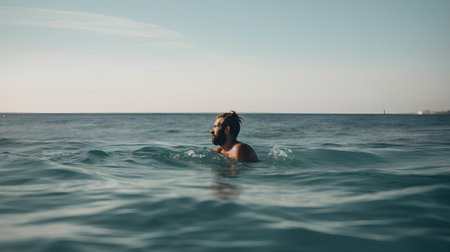 Young man swimming in the sea. Portrait of a young man in the water.の素材