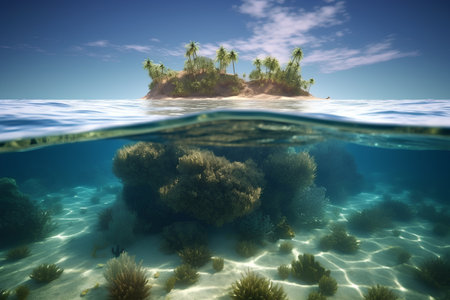Tropical island with palm trees underwater in the ocean, 3d renderの素材