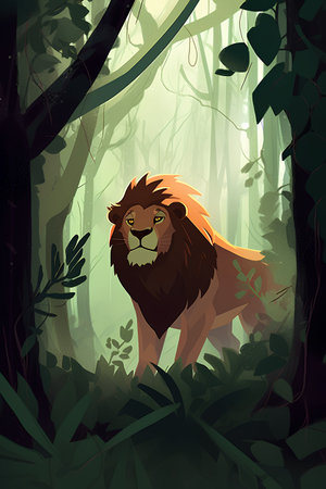 Lion in the jungle. Vector illustration of a cartoon character.の素材